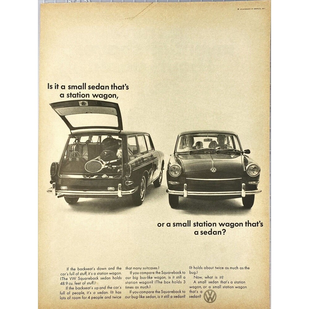 VW Squareback Sedan "A small station wagon that's a Sedan" Vintage Print Ad 1967